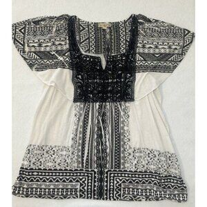 One World Live and Let‎ Live Blouse 1X Lace Short Sleeve Shirt Black Cream (h)